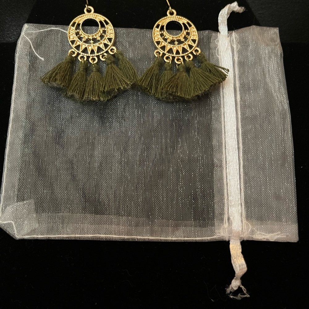Elegant Gold and Green Tassel Earrings